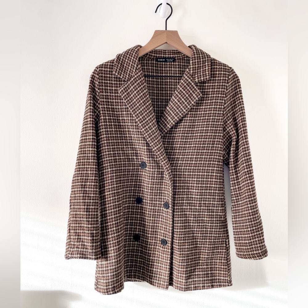 Brown and Cream Houndstooth Blazer Jacket